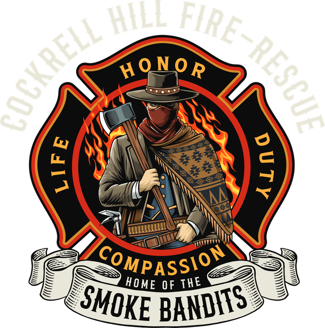 Cockrell Hill Fire-Rescue morale emblem: a masked bandit in a wide-brimmed hat holding an axe, inside a Maltese cross lettered Life, Honor, Duty, and Compassion, above a banner reading Home of the Smoke Bandits